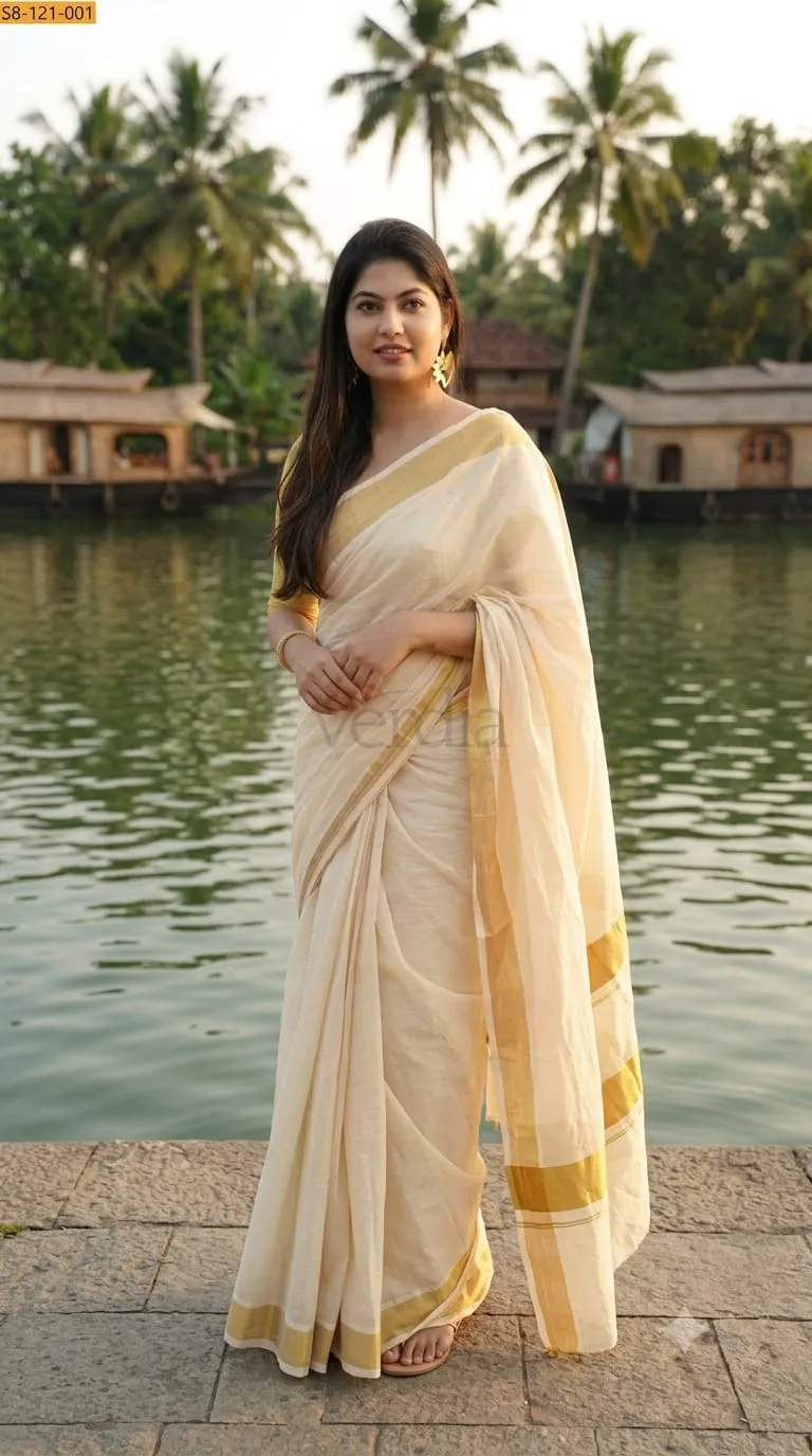 Mangalagiri Cotton Kerala Saree with Zari Border