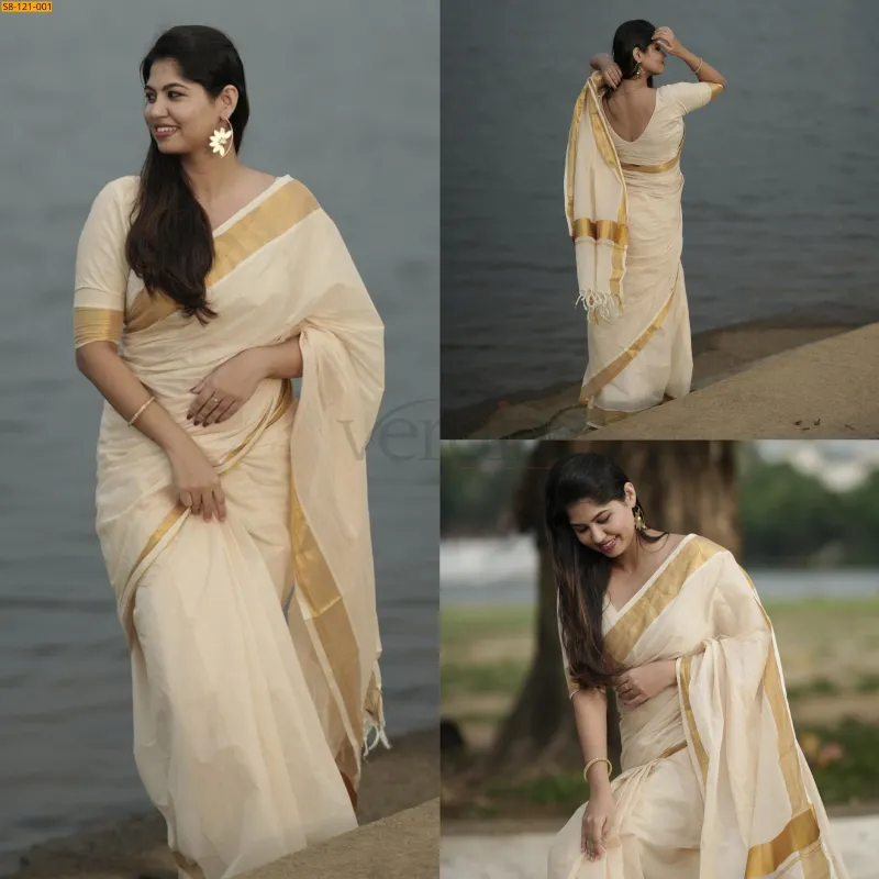 Mangalagiri Cotton Kerala Saree with Zari Border view 3