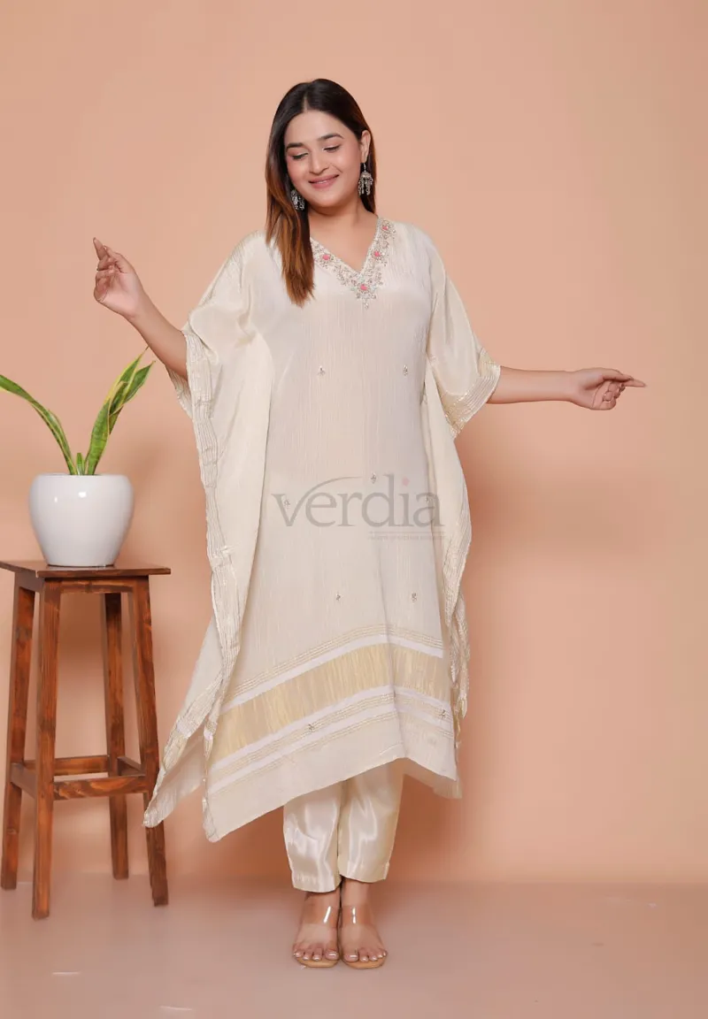 Kaftan and Pant Set in Tissue Crush Fabric with Zardozi Handwork