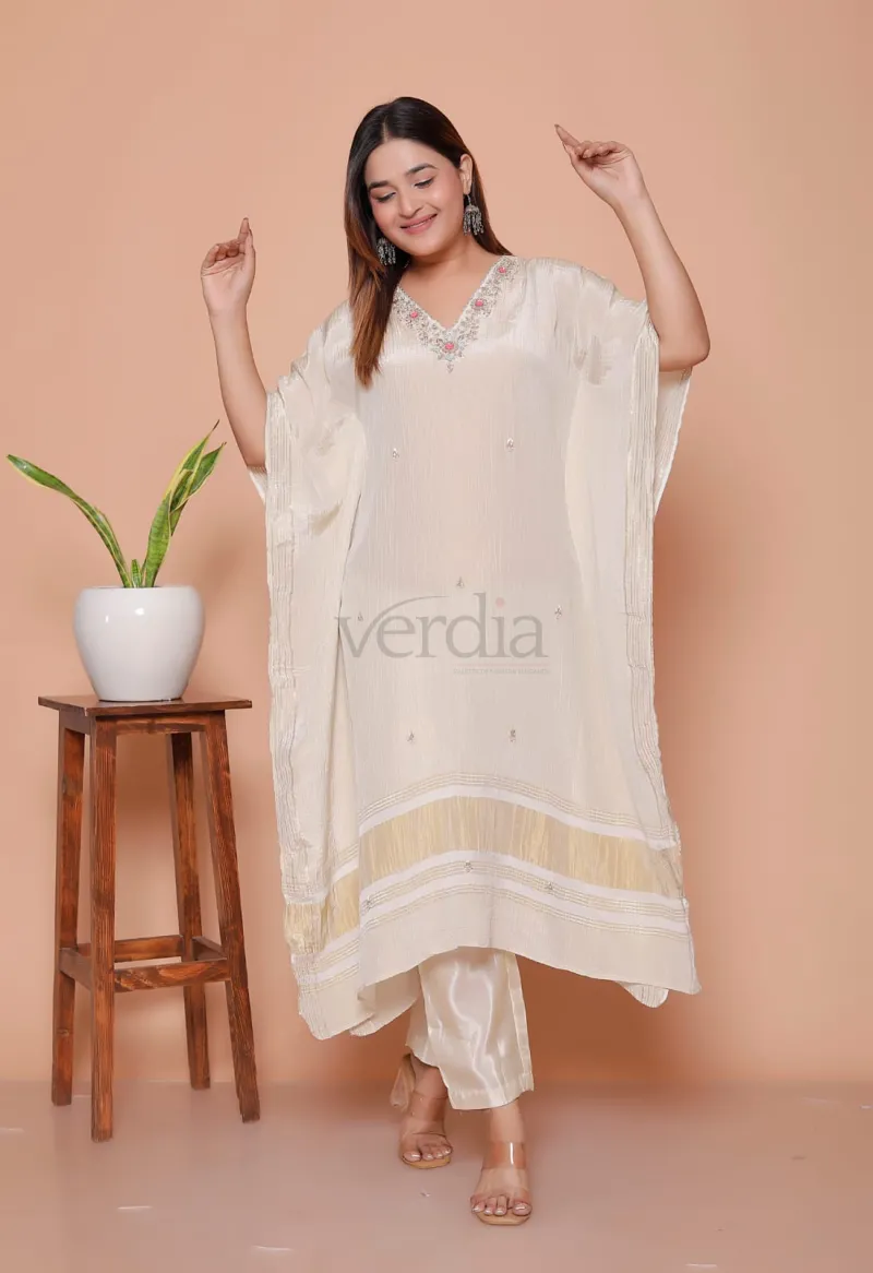 Kaftan and Pant Set in Tissue Crush Fabric with Zardozi Handwork