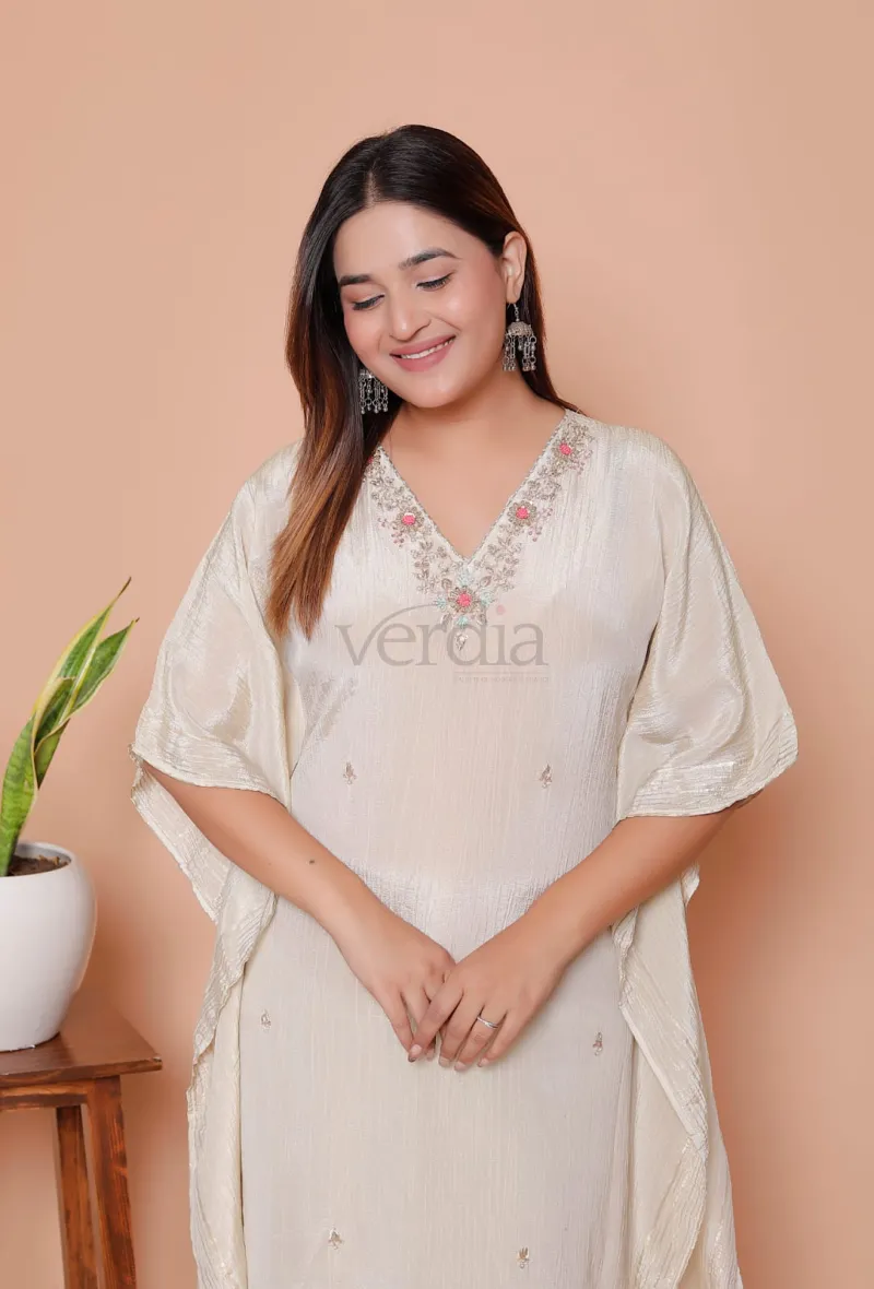 Kaftan and Pant Set in Tissue Crush Fabric with Zardozi Handwork view 3