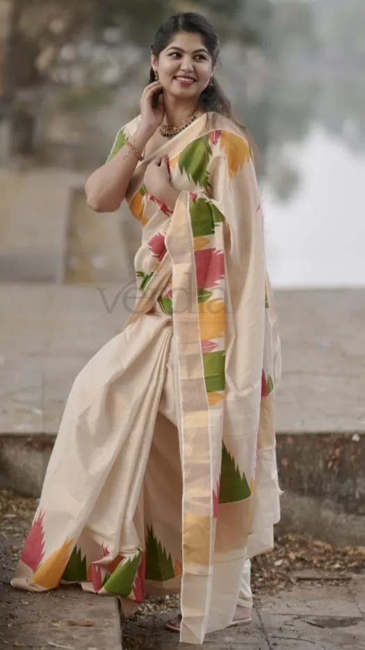 Multi-color Temple Golden Tissue Saree with Designer Pallu and Blouse