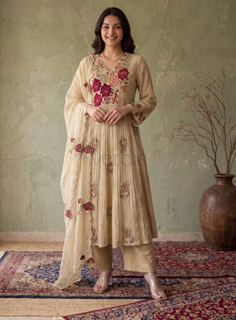 Three Piece Crush Cotton Kurti Set view 3