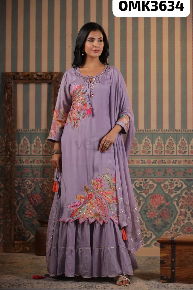 Elegant Pure Muslin Kurti with Sharara and Chiffon Dupatta Set