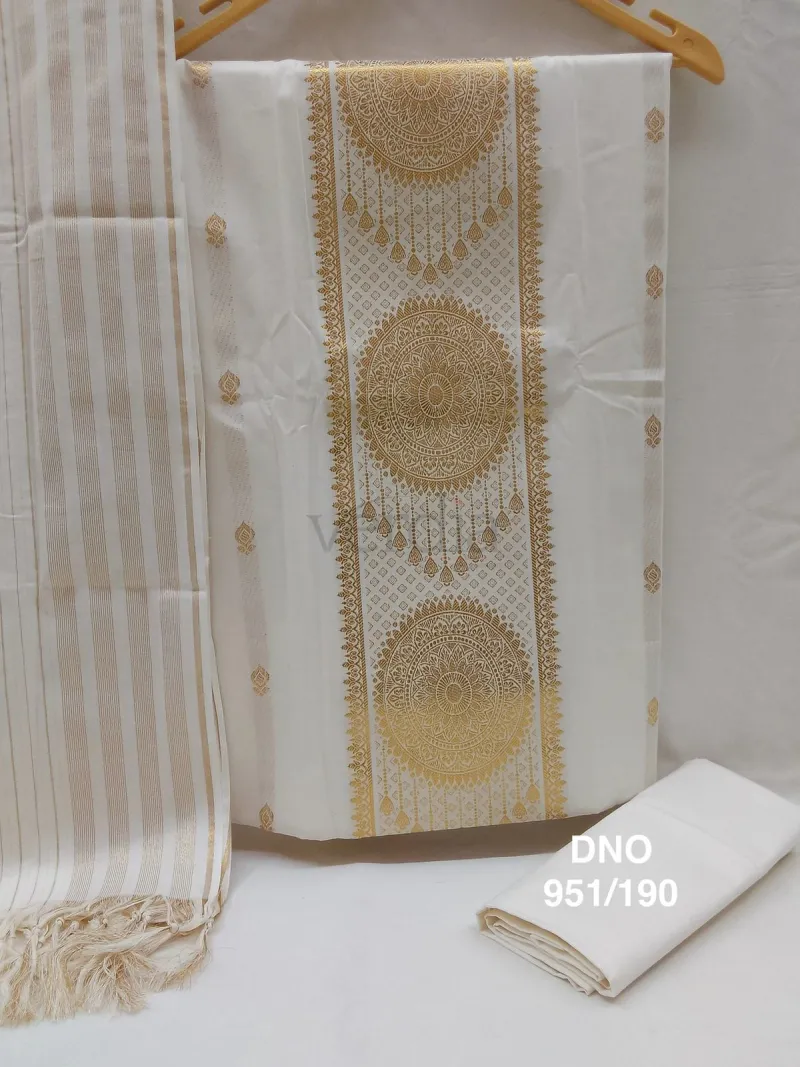 Traditional Kerala Kasavu Golden Zari Set(unstitched Material) view 3