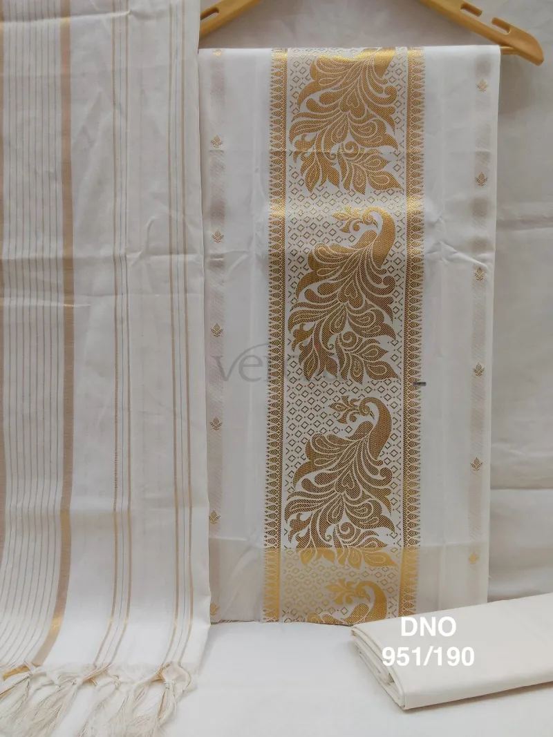 Traditional Kerala Kasavu Golden Zari Set(unstitched Material) view 5
