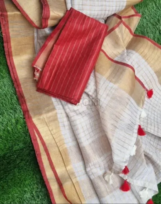 Linen Mini Check Saree with Golden Border and Contrast Blouse view 2