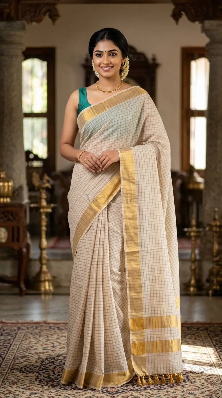 Linen Mini Check Saree with Golden Border and Contrast Blouse
