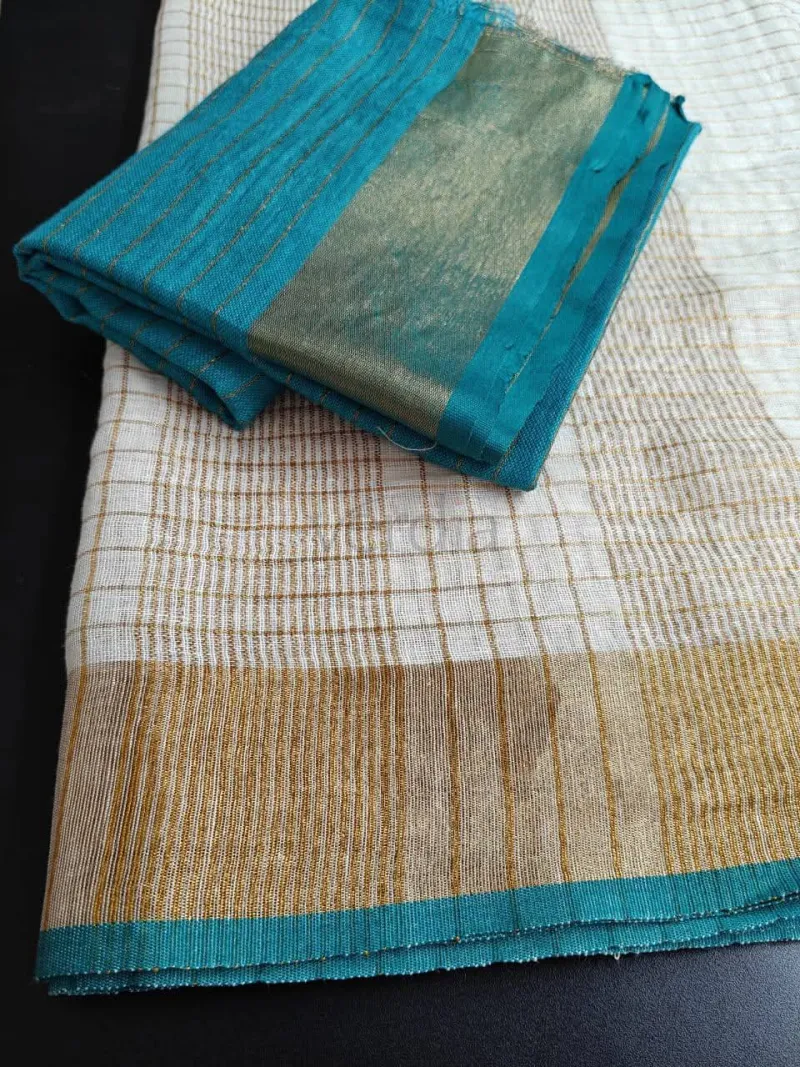 Linen Mini Check Saree with Golden Border and Contrast Blouse view 4