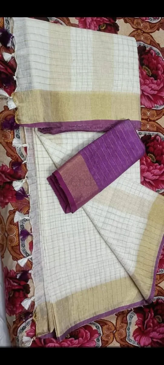 Linen Mini Check Saree with Golden Border and Contrast Blouse view 5