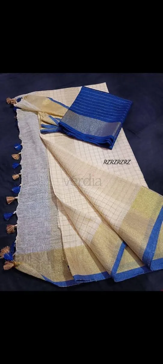 Linen Mini Check Saree with Golden Border and Contrast Blouse view 6