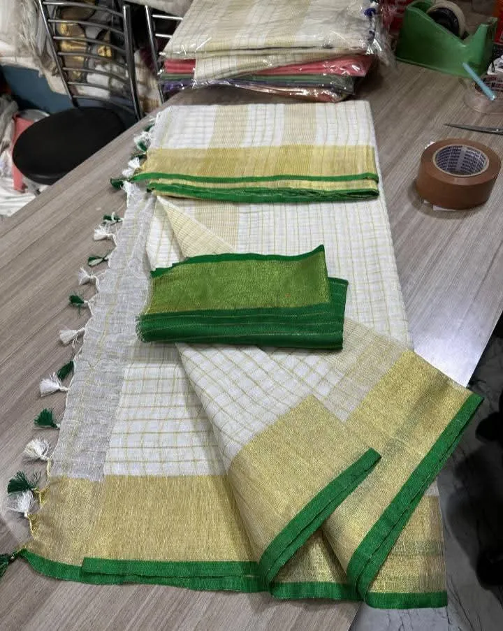 Linen Mini Check Saree with Golden Border and Contrast Blouse view 7