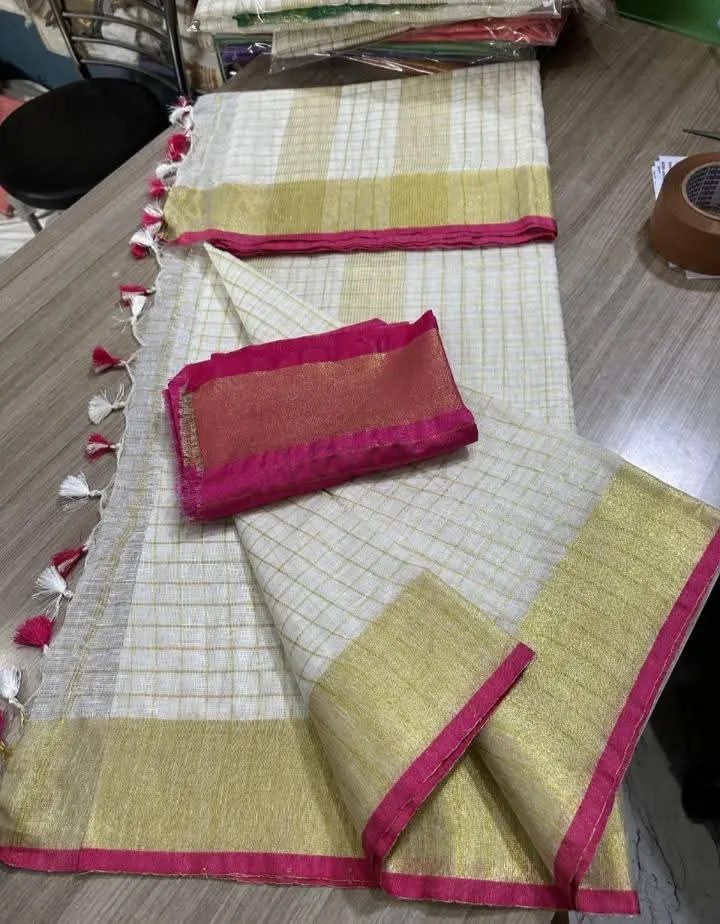 Linen Mini Check Saree with Golden Border and Contrast Blouse view 8