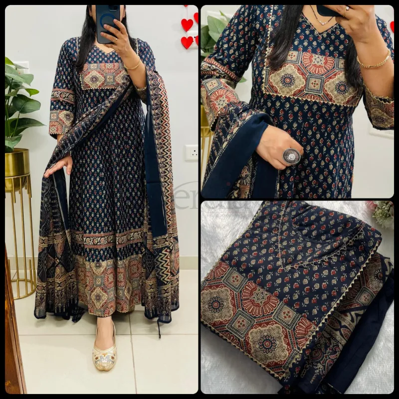 Designer Flared Cotton Suit in Ajrakh Print with Ajrakh Applique Work, view 2