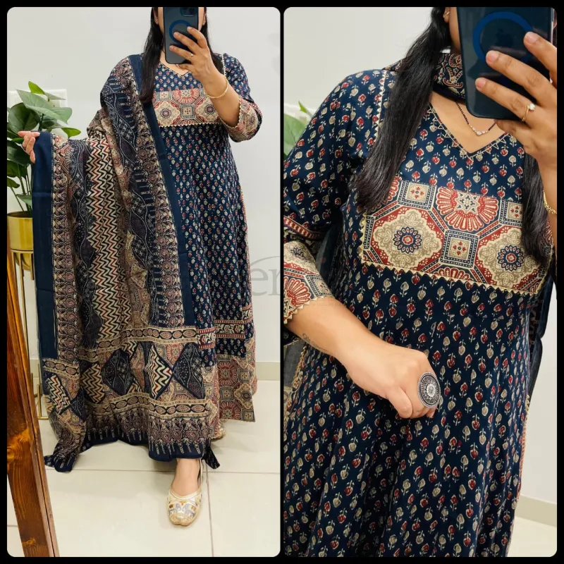 Designer Flared Cotton Suit in Ajrakh Print with Ajrakh Applique Work, view 3