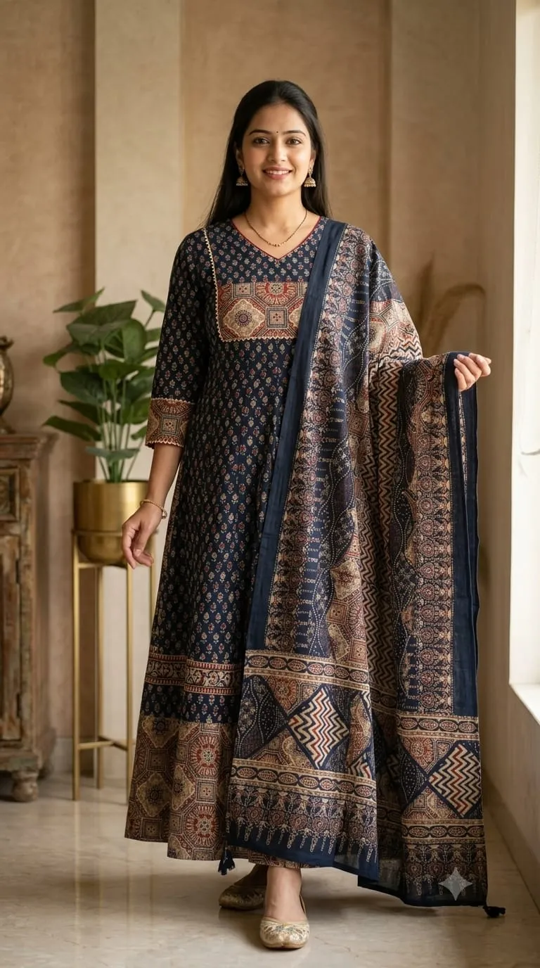 Designer Flared Cotton Suit in Ajrakh Print with Ajrakh Applique Work,