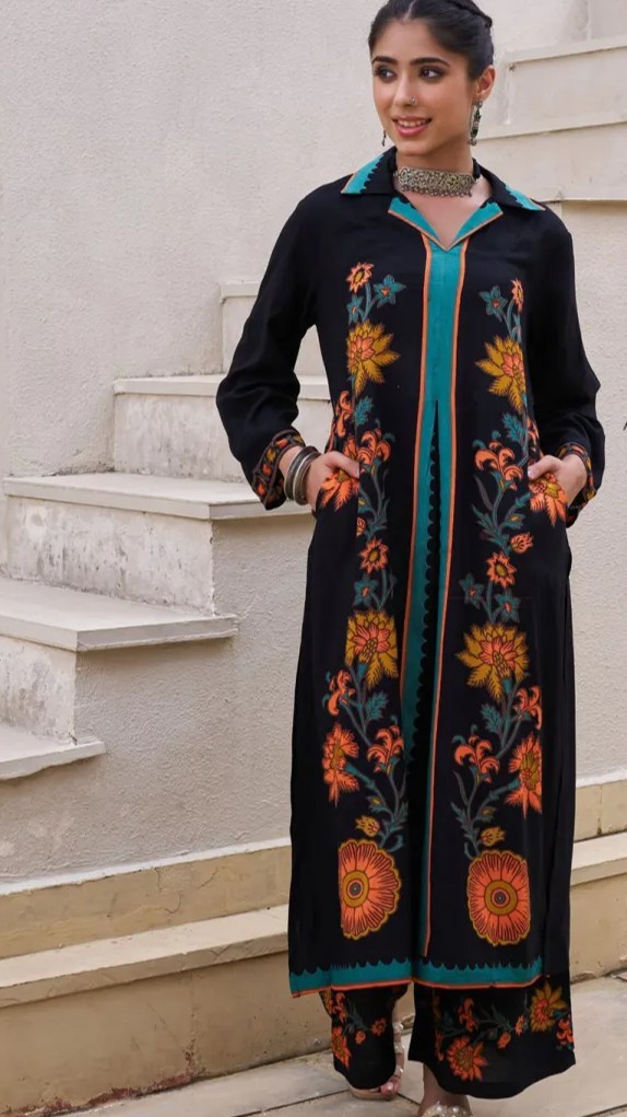 Premium German Rayon Fancy A-line Kurti with Plazo Set view 5