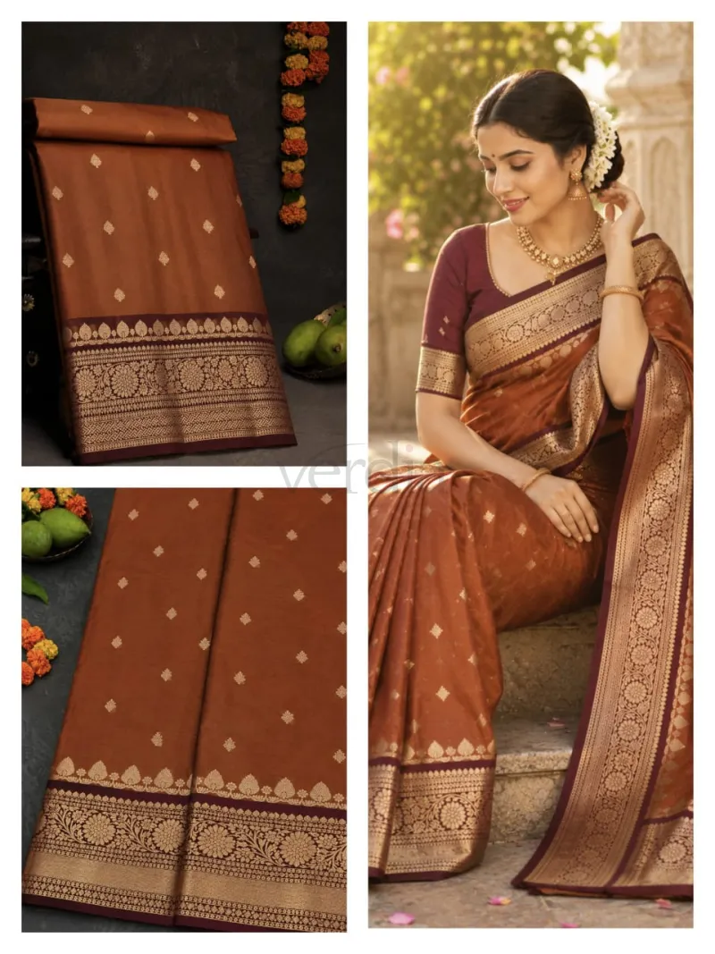 Rust Orange Semi Kanchi Saree view 3