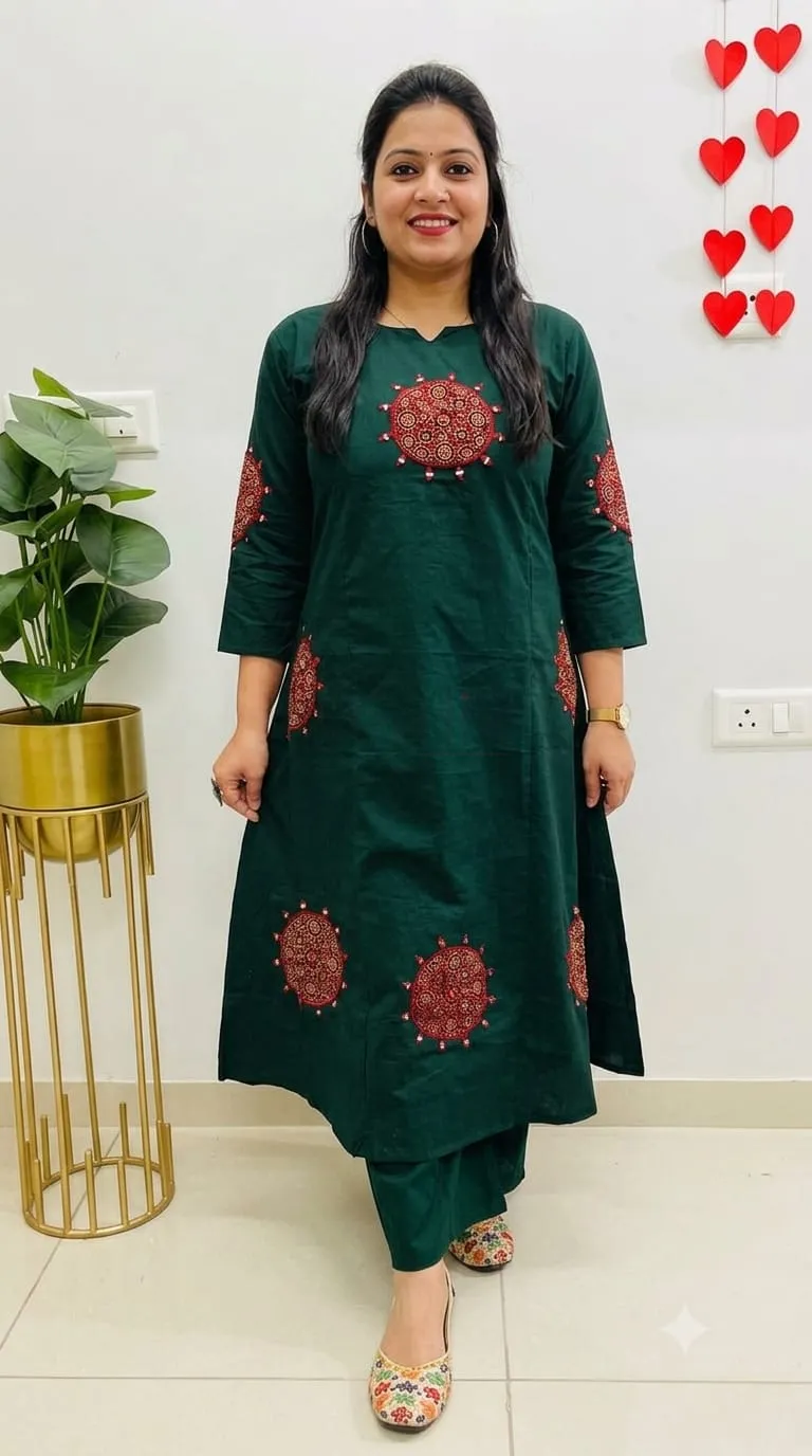 Premium Dhabu Cotton Flared Suit with Pure Ajrakh Applique Work