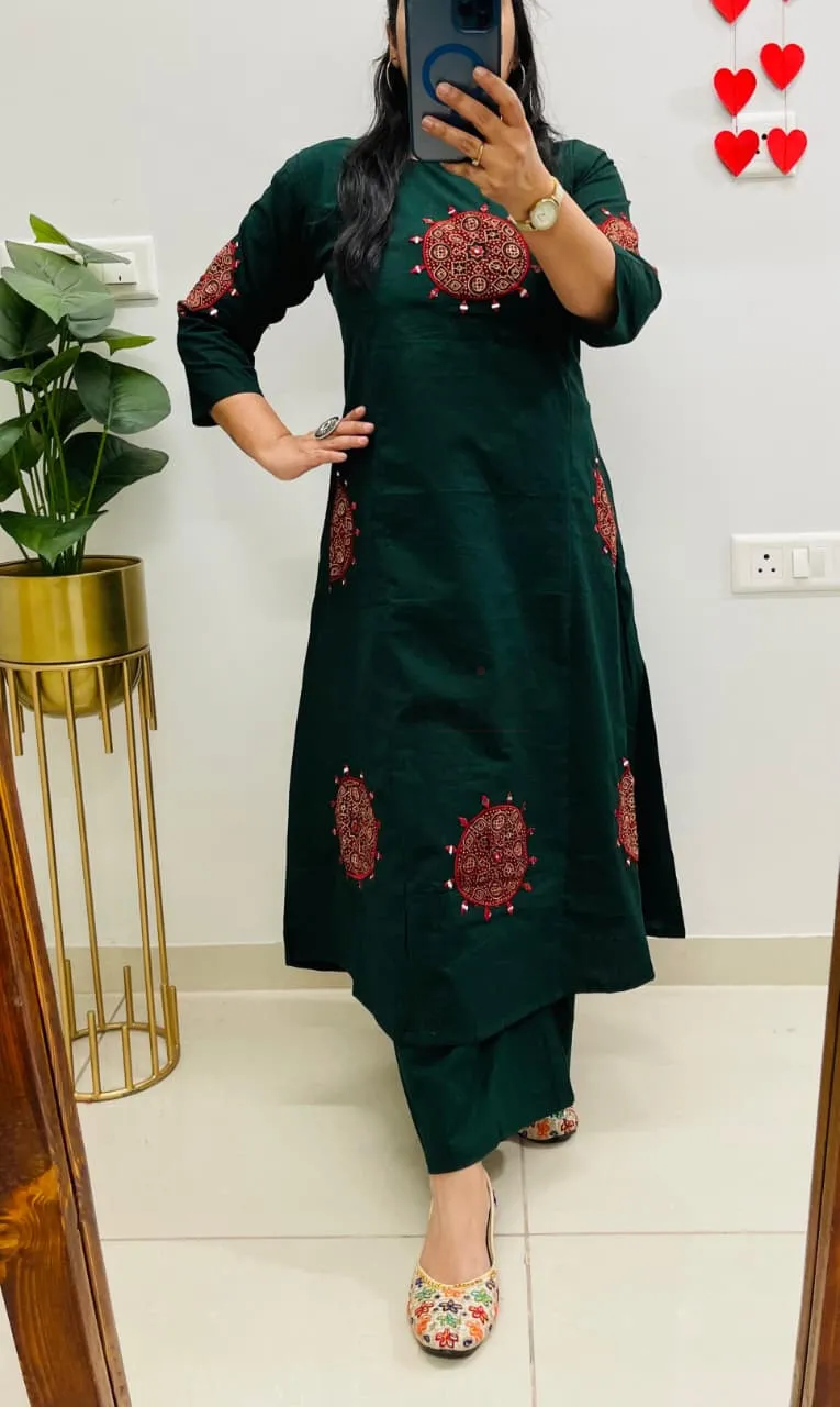 Premium Dhabu Cotton Flared Suit with Pure Ajrakh Applique Work