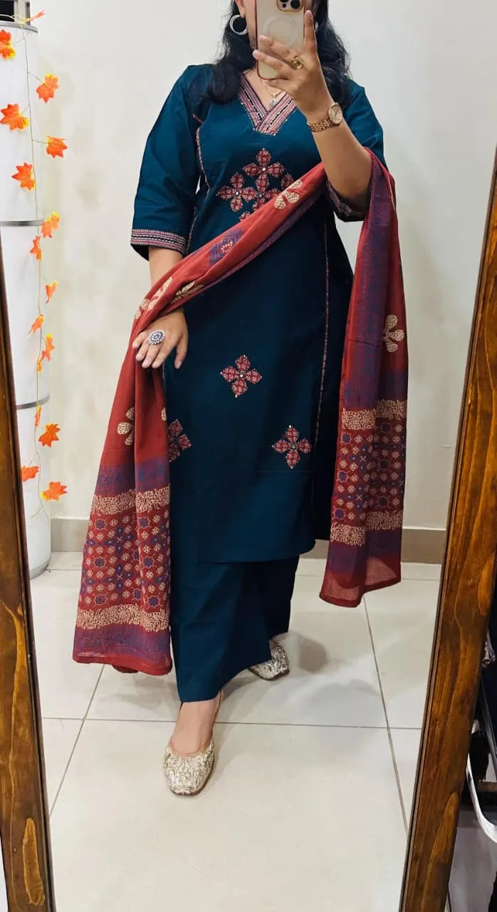 Premium Rich Dhabu Cotton Kurti Set with Azrakh Applique