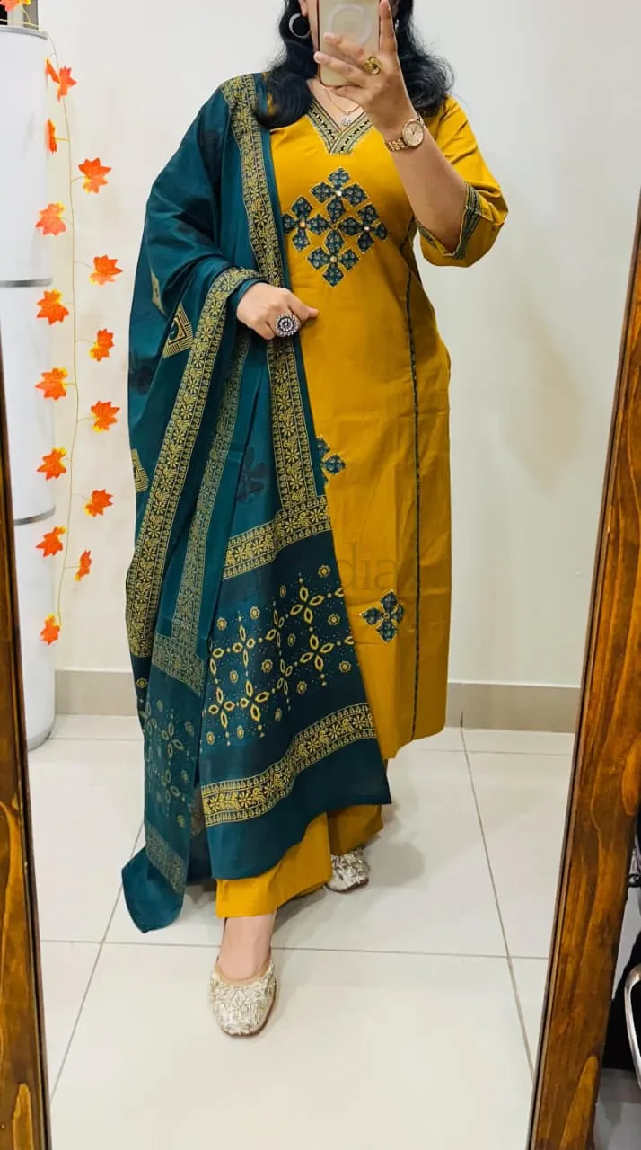 Premium Rich Dhabu Cotton Kurti Set with Azrakh Applique view 9