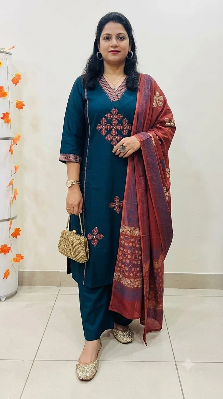 Premium Rich Dhabu Cotton Kurti Set with Azrakh Applique