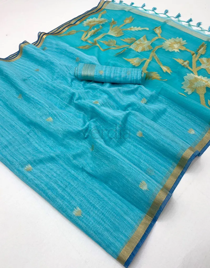 Pure Munga Silk Handloom Weaving Saree with Gold Zari Border view 5