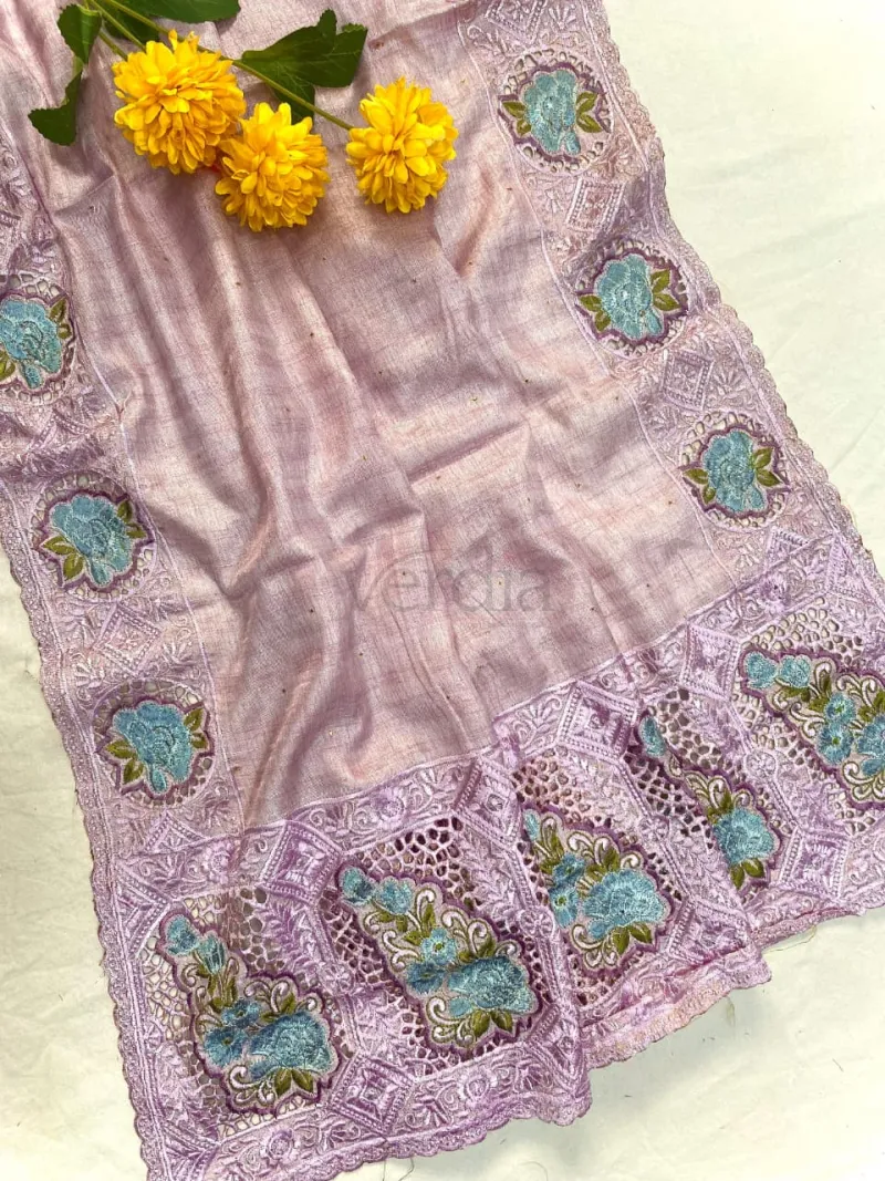 Soft Tussar Silk Saree with Fine Embroidery and Cutwork view 2