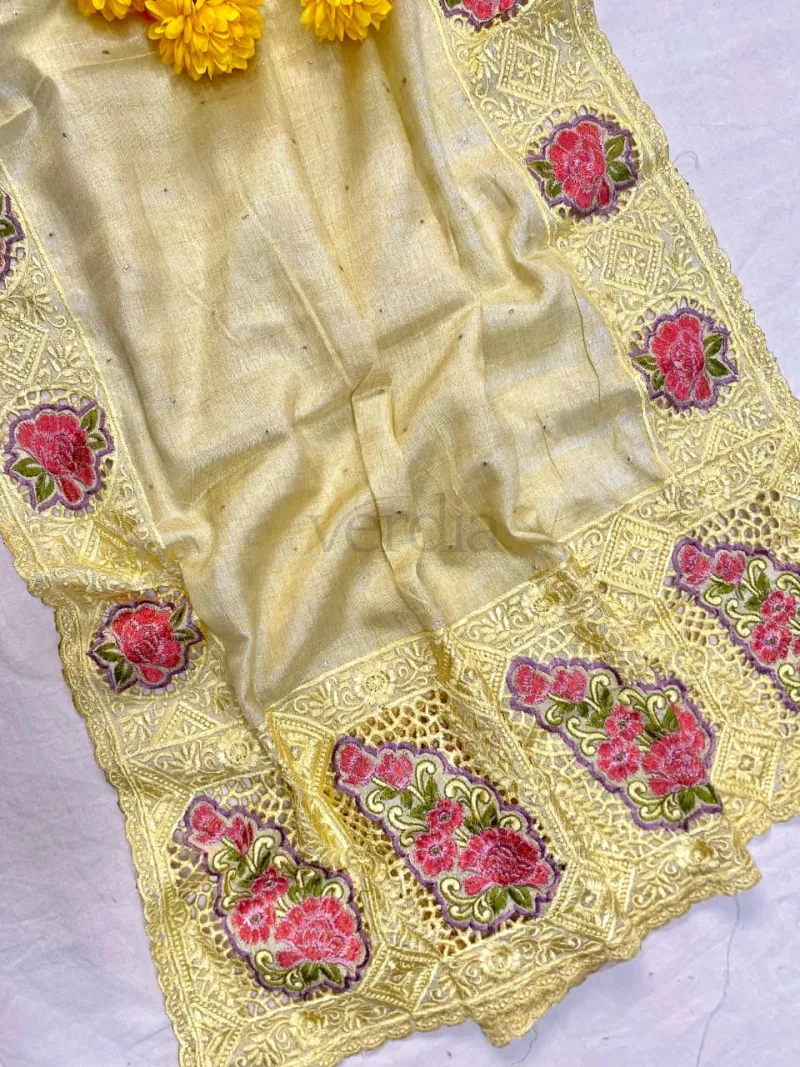 Soft Tussar Silk Saree with Fine Embroidery and Cutwork