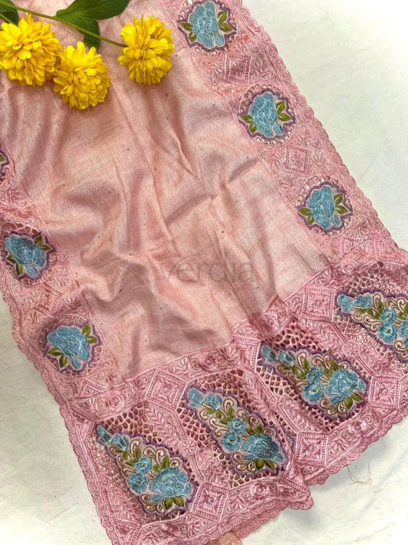 Soft Tussar Silk Saree with Fine Embroidery and Cutwork view 5