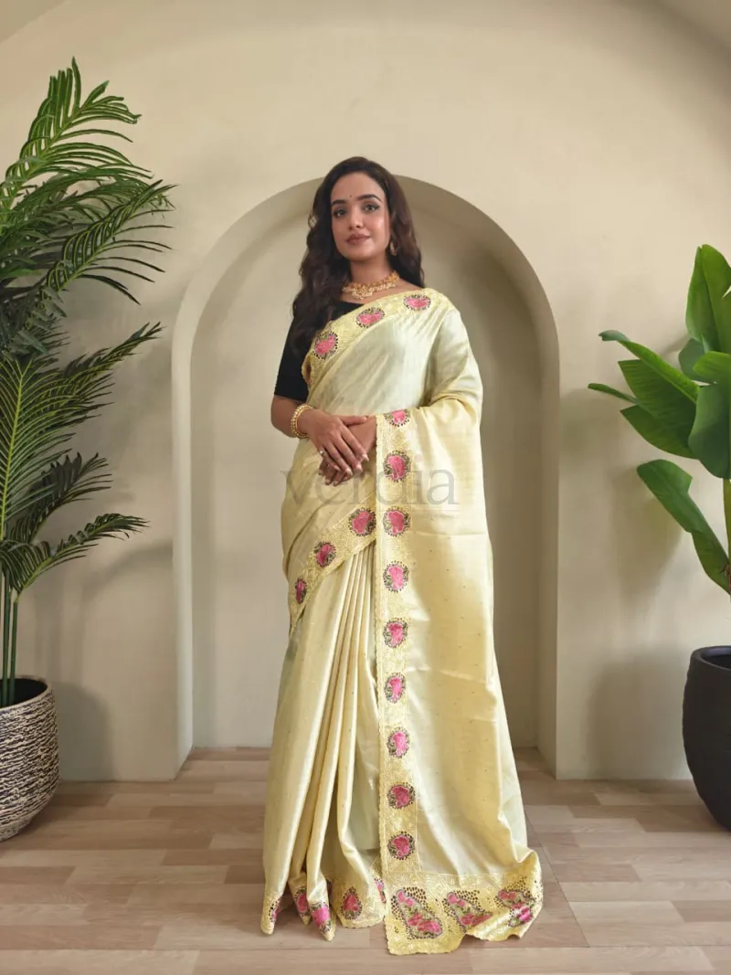 Soft Tussar Silk Saree with Fine Embroidery and Cutwork view 8