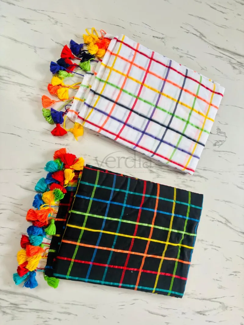 Black and White Handloom Rainbow Check Saree view 2
