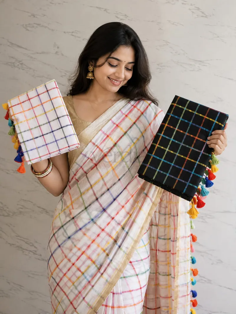 Black and White Handloom Rainbow Check Saree