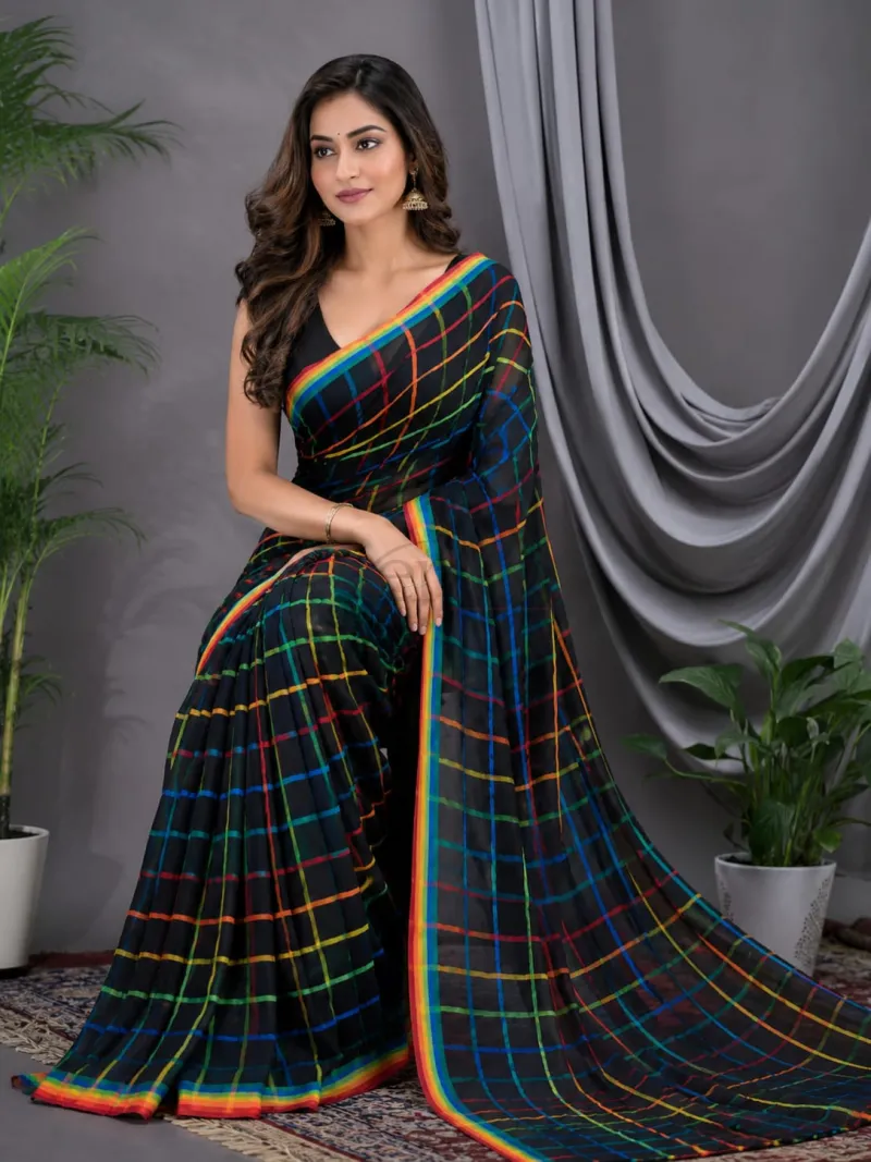 Black and White Handloom Rainbow Check Saree view 4