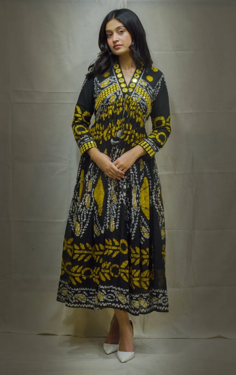 Designer Jaipuri Printed Rayon Dress with Mirror and Tassel Work