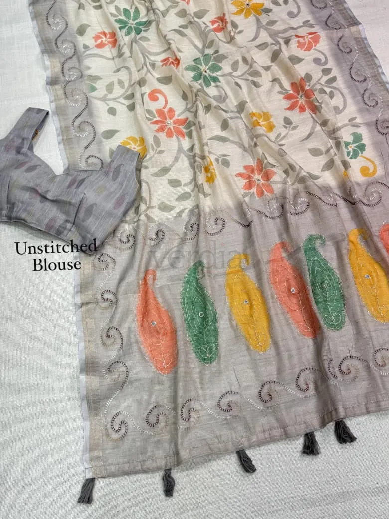 Designer Printed Saree with Katha Work view 3