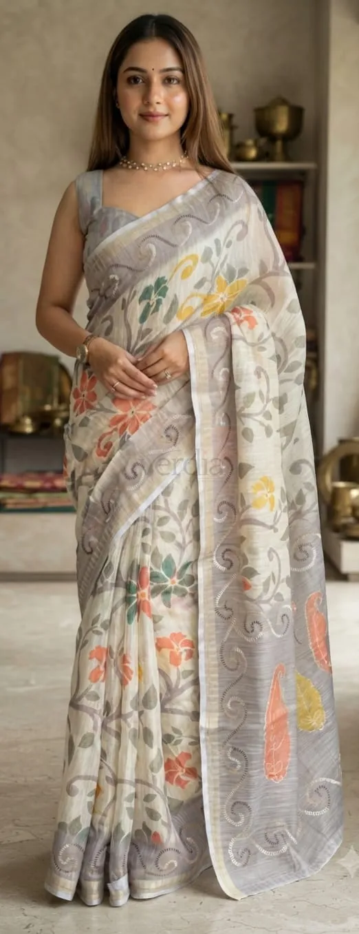 Designer Printed Saree with Katha Work view 6