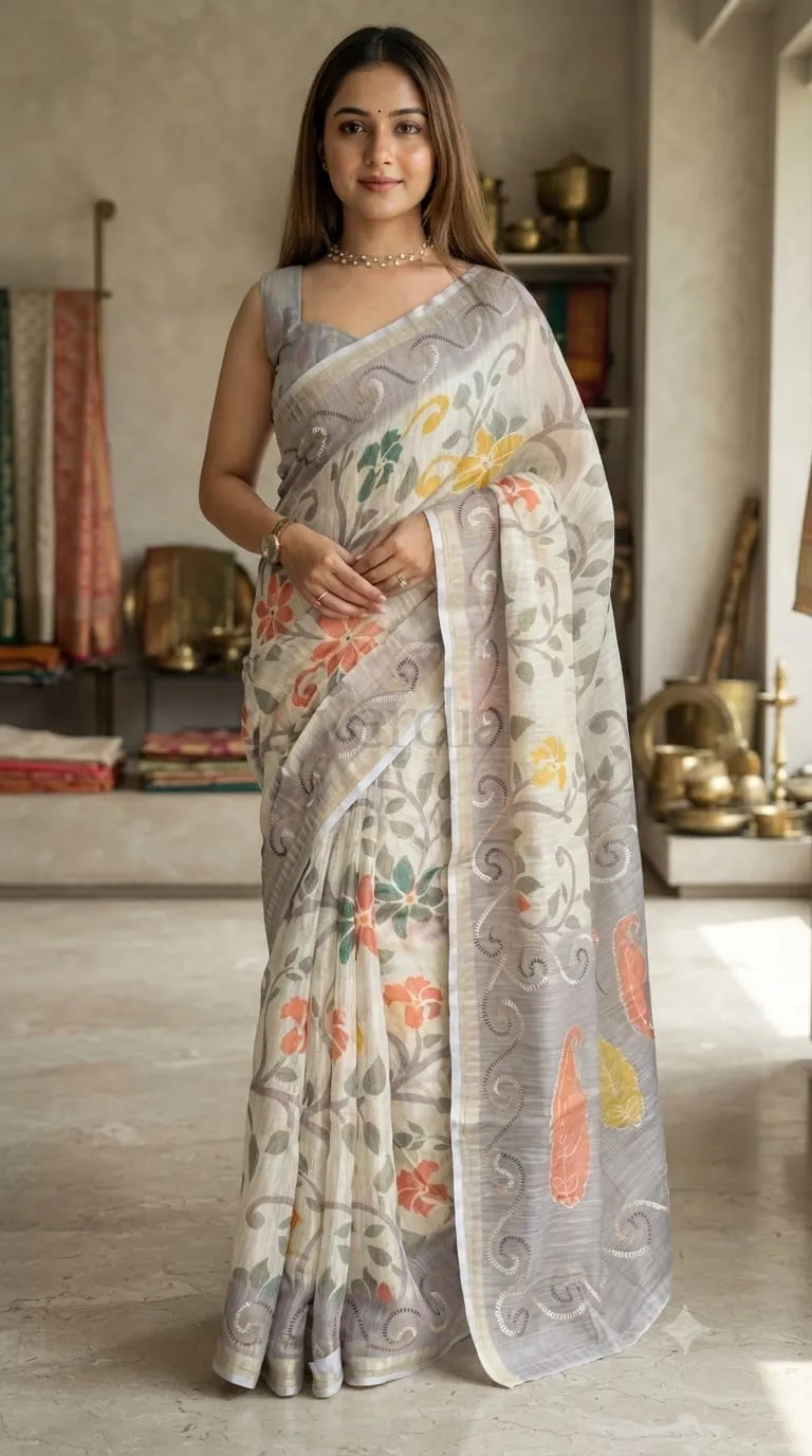 Designer Printed Saree with Katha Work