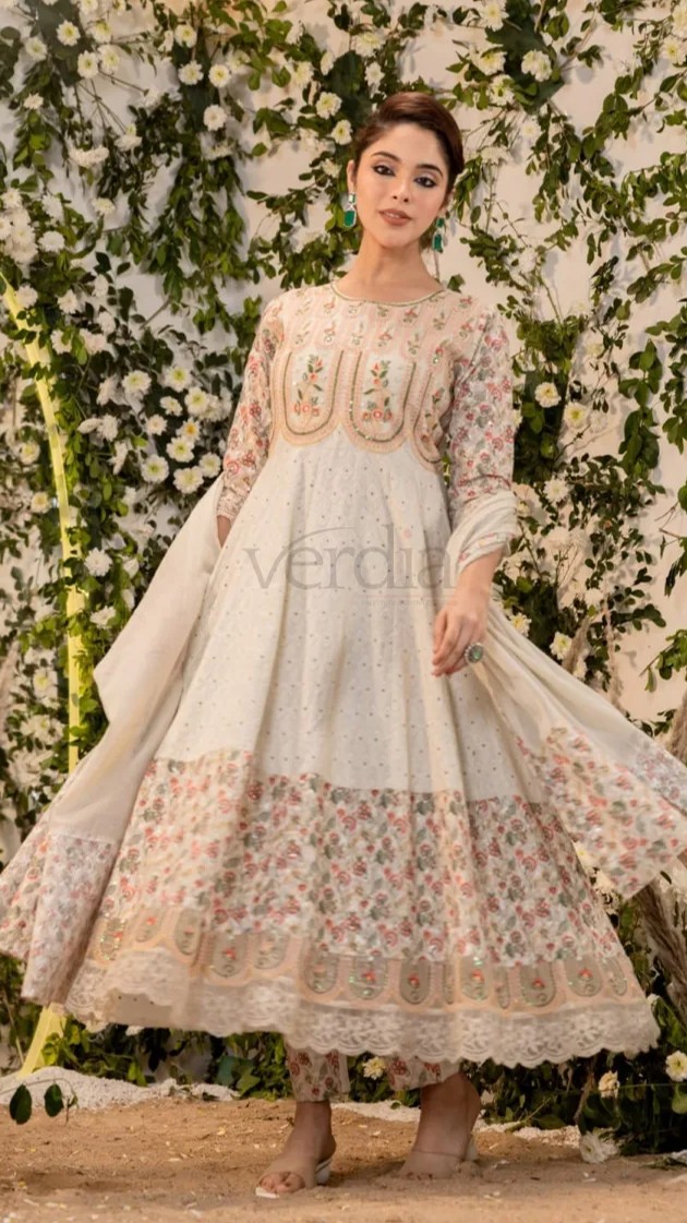 Three Piece Cotton Schiffili Full Flair Anarkali Kurti with embroidery