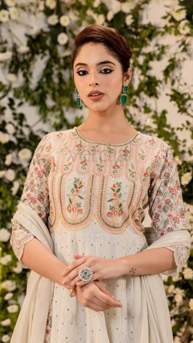 Three Piece Cotton Schiffili Full Flair Anarkali Kurti with embroidery view 2