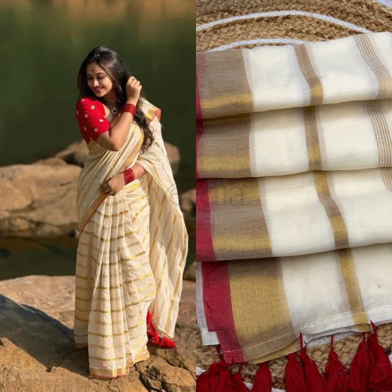 Authentic Kerala special weaves Mulcotton Saree (without blouse piece) view 4