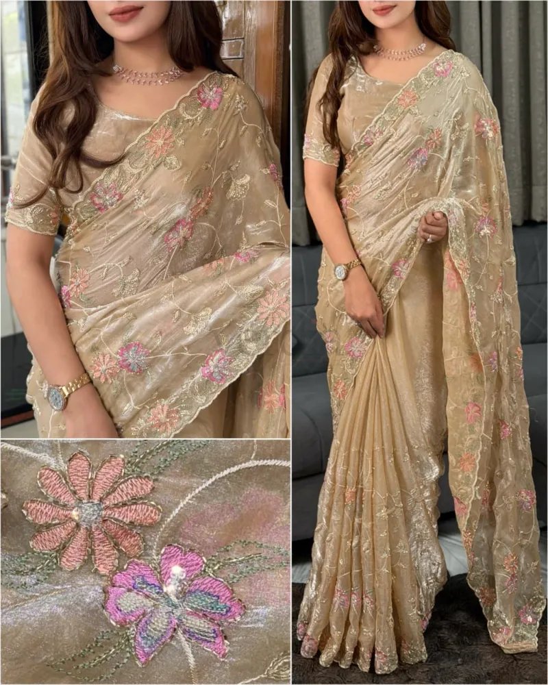 Ethereal dusty colored two-tone saree, crafted in Fendy satin.