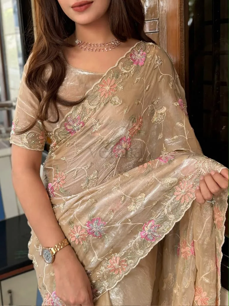 Ethereal dusty colored two-tone saree, crafted in Fendy satin. view 5