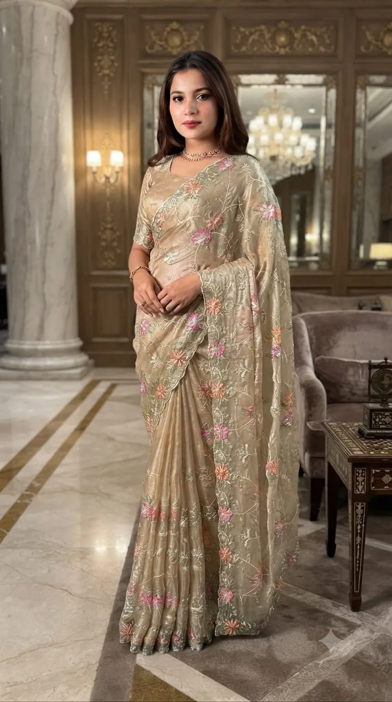 Ethereal dusty colored two-tone saree, crafted in Fendy satin.