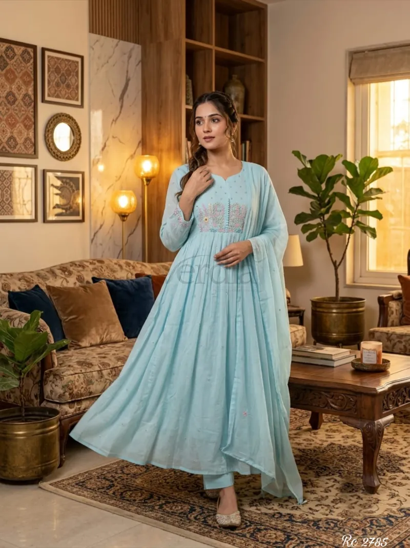 Premium mul cotton flared and pleated kurta with embroidery view 3