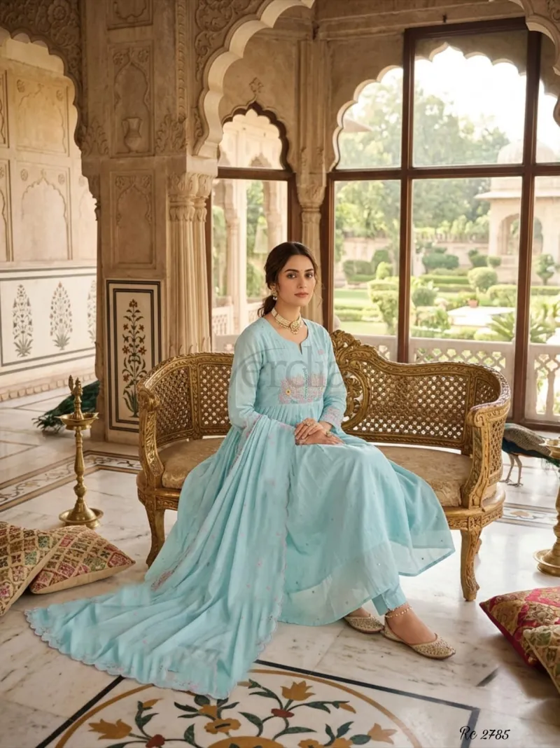 Premium mul cotton flared and pleated kurta with embroidery view 4