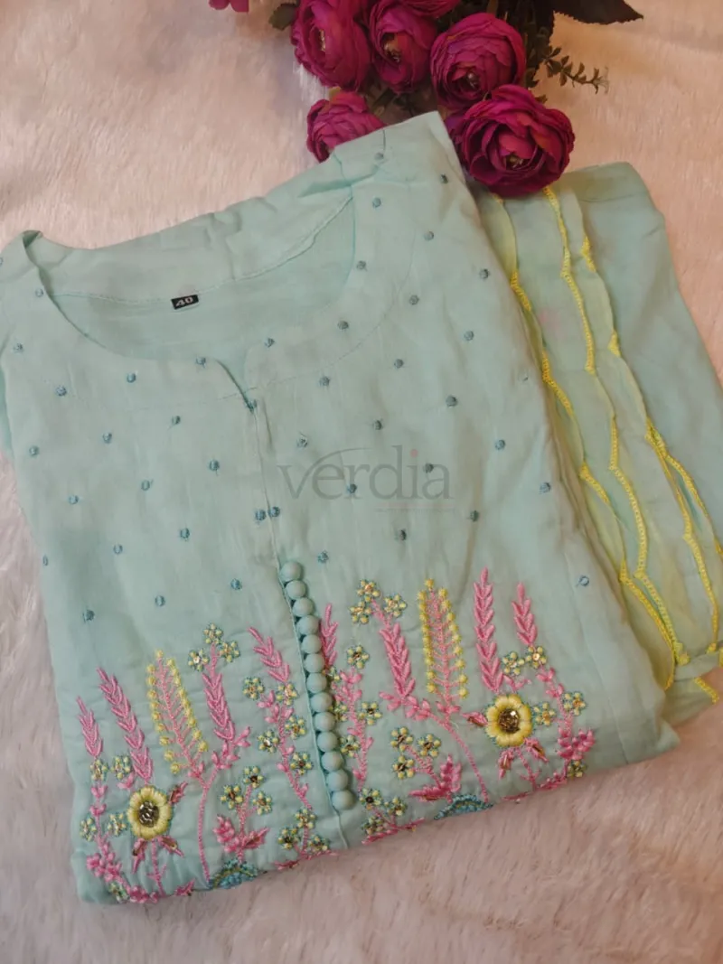 Premium mul cotton flared and pleated kurta with embroidery view 6