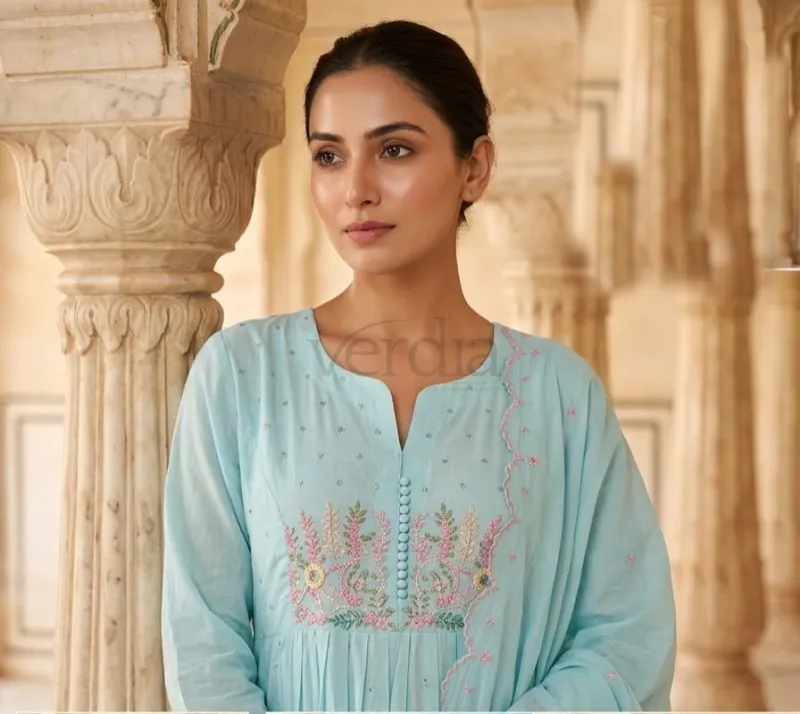 Premium mul cotton flared and pleated kurta with embroidery view 7
