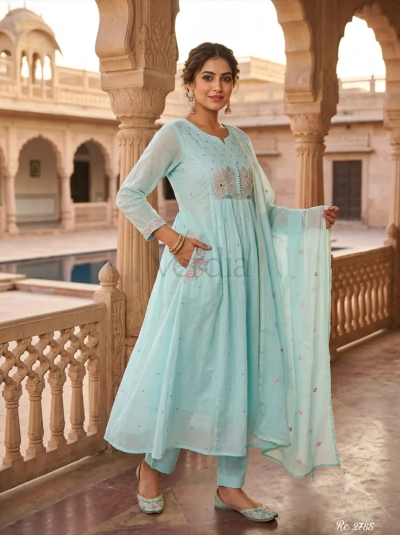 Premium mul cotton flared and pleated kurta with embroidery view 8